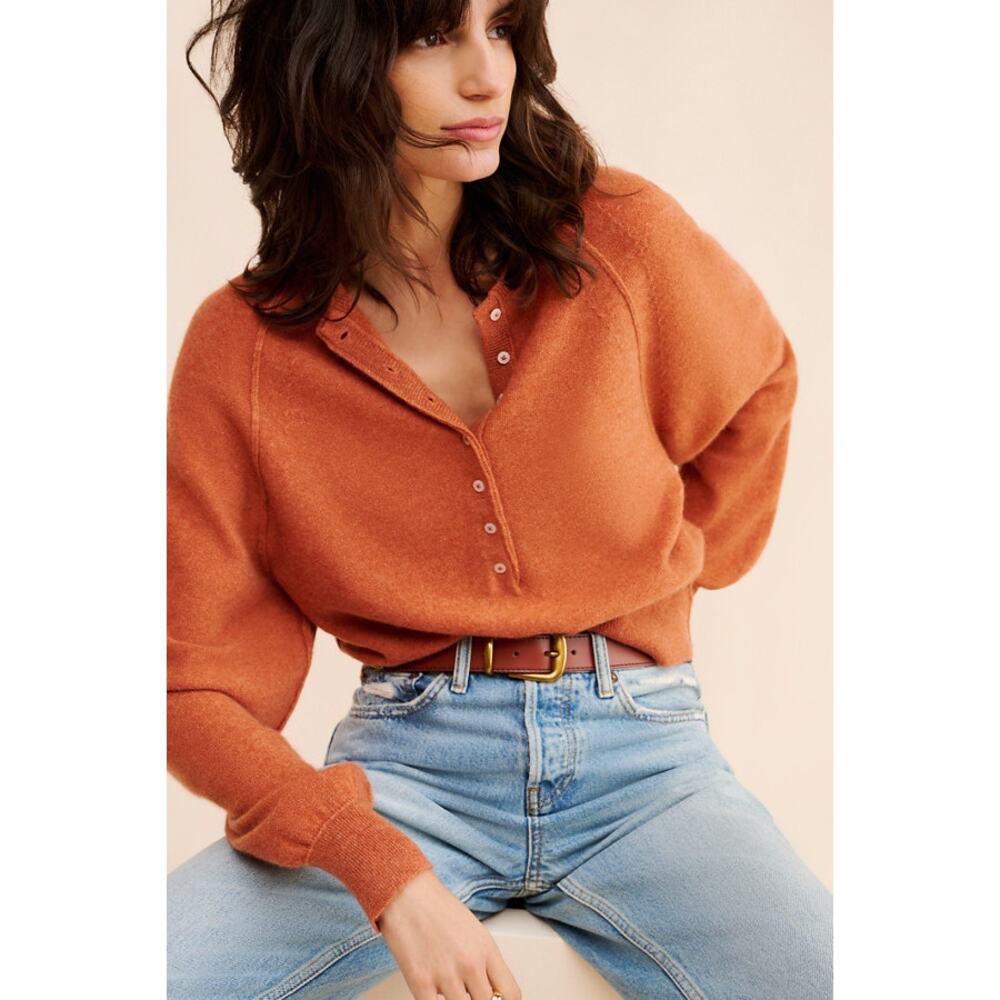 Free People Porta Cashmere Henley Sweater Orange M Preppy Spring Comfy Soft